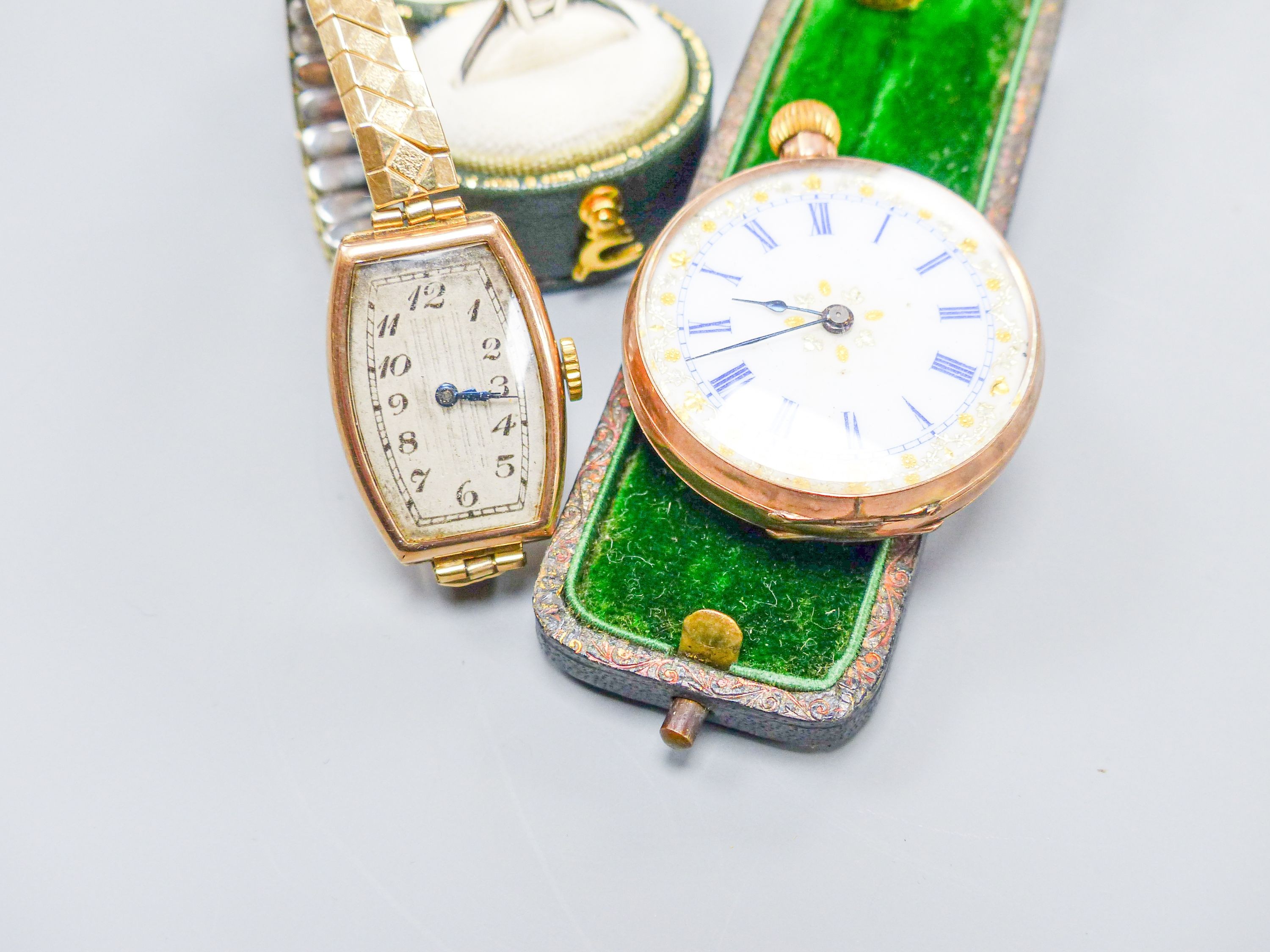 A modern 18ct gold and moissanite? set ring, a paste set stick pin and two 9c watches.